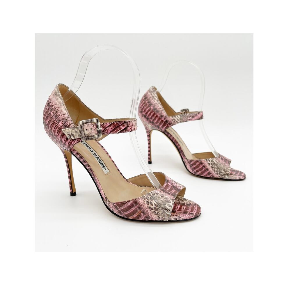 Manolo Blahnik Vintage Pink Python Mary Jane Ankle Strap Stiletto Sandals IT 37
